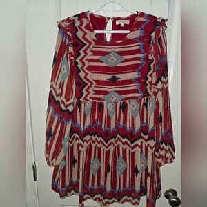 Umgee Red and Blue Patterned Long Sleeve Dress